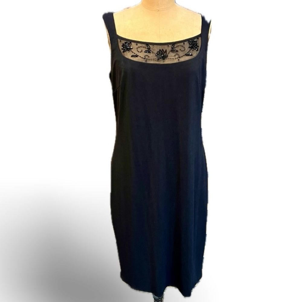 VINTAGE beaded black dress midi sleeveless formal evening cocktail stretchy 80s